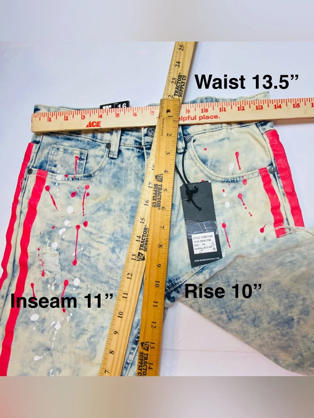 Waimea Boys 16 Skinny Fit Distressed Denim Shorts Paint Splatter Red Stripe